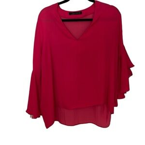Zara Women XL pink silky V neck blouse 3/4 wide sleeves
